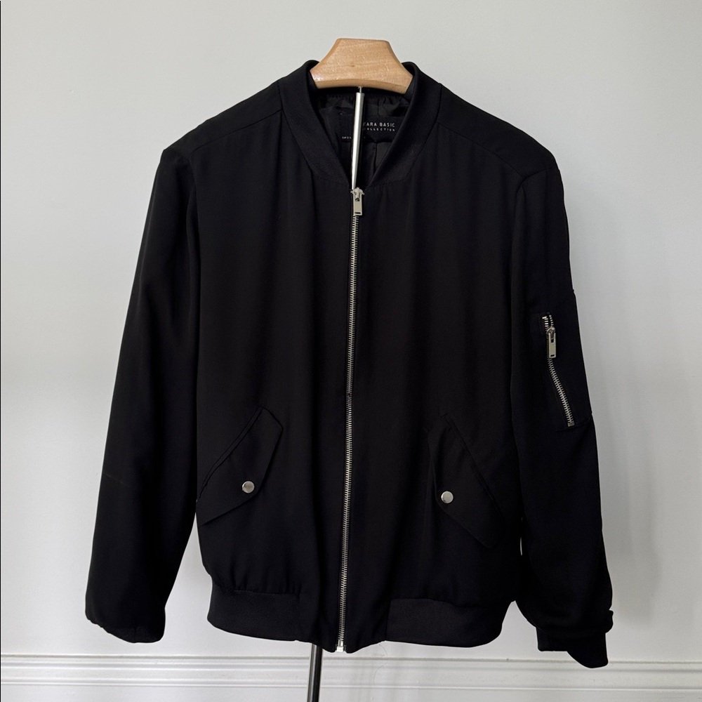 Black Bomber Jacket with Zipper Details